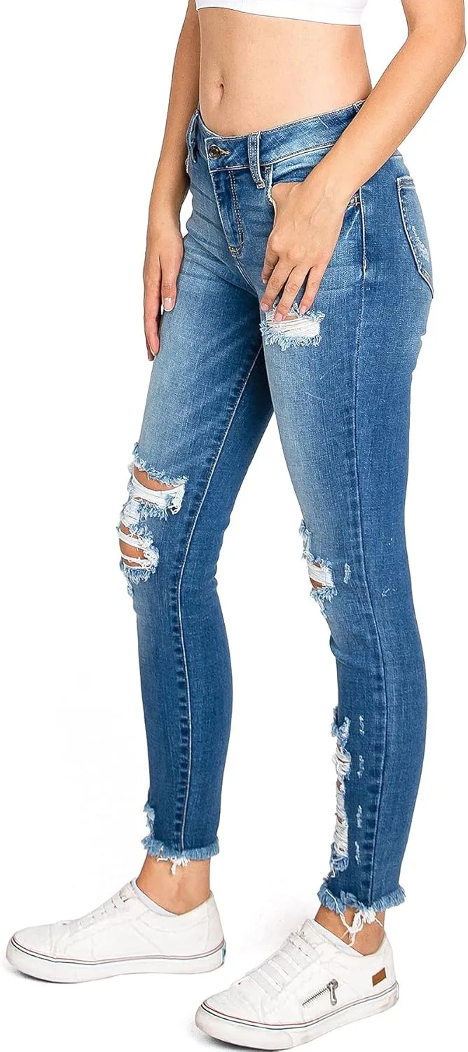 Cello Jeans Women's Juniors Mid Rise Distressed Skinny Jeans