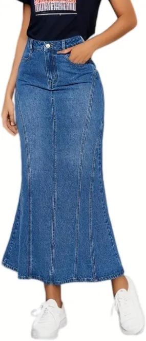 cffvdiz Women's Denim Skirt Casual High Waisted Fishtail Bodycon Jean Maxi Skirts