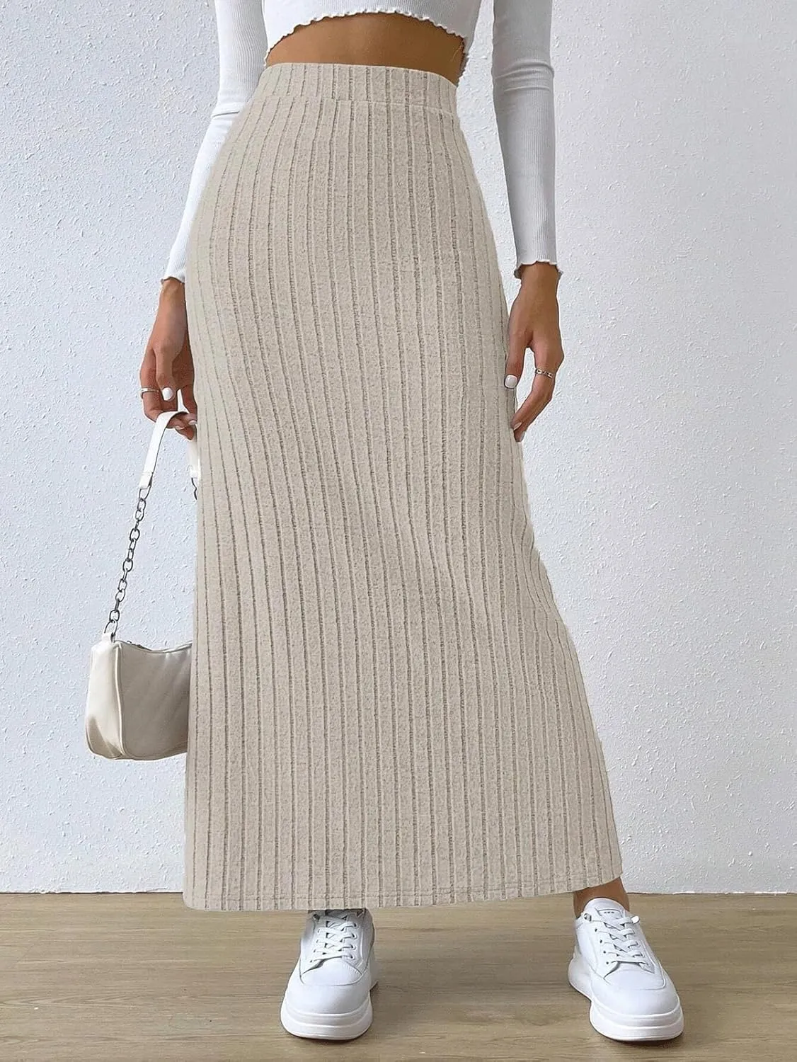CHARTOU Women Casual Bodycon Stretchy Ribbed Knit Maxi Long Skirt Slit High Waist Pencil Skirt