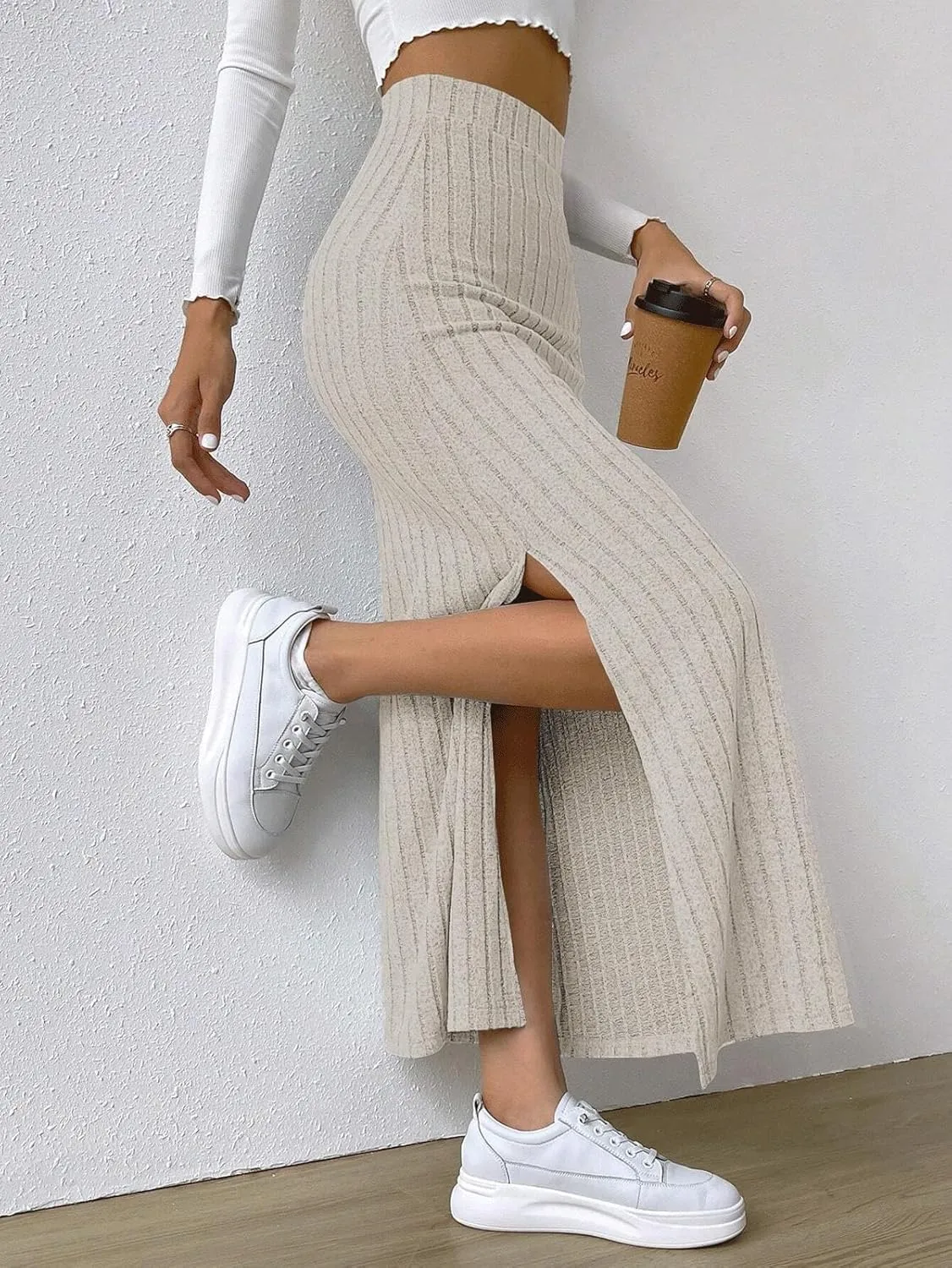 CHARTOU Women Casual Bodycon Stretchy Ribbed Knit Maxi Long Skirt Slit High Waist Pencil Skirt