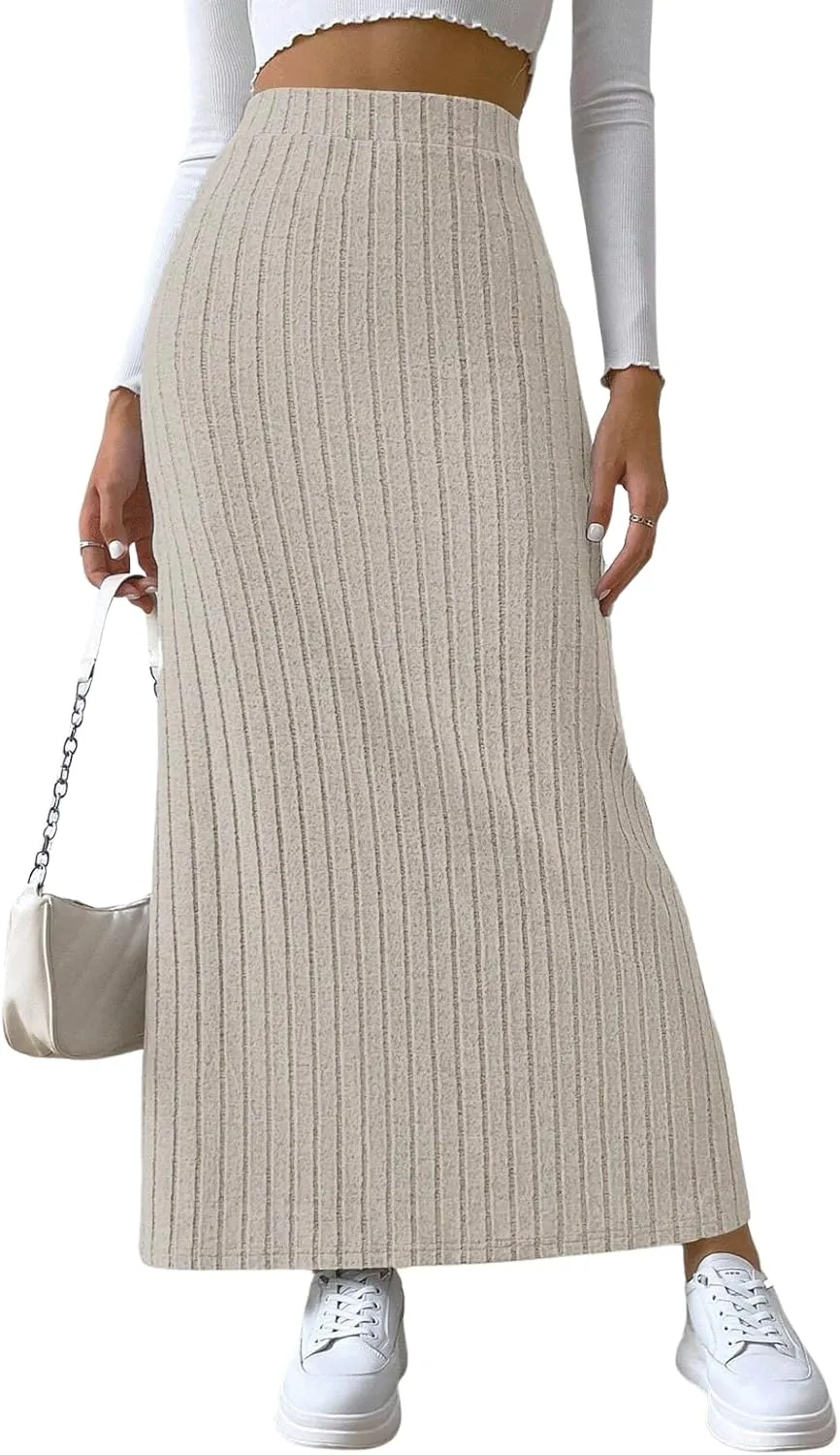 CHARTOU Women Casual Bodycon Stretchy Ribbed Knit Maxi Long Skirt Slit High Waist Pencil Skirt
