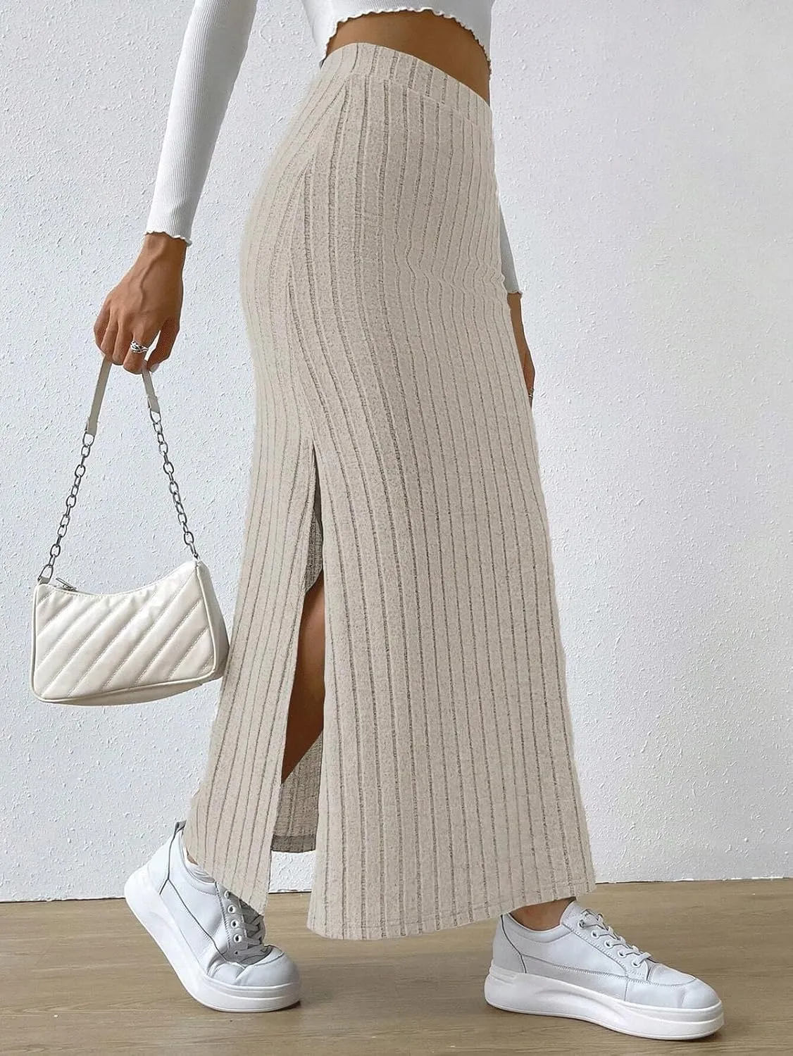 CHARTOU Women Casual Bodycon Stretchy Ribbed Knit Maxi Long Skirt Slit High Waist Pencil Skirt