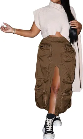CHARTOU Women Elastic Waist Midi Cargo Skirt Multi Pocket Split Maxi Long Pencil Skirt Street Casual Skirt