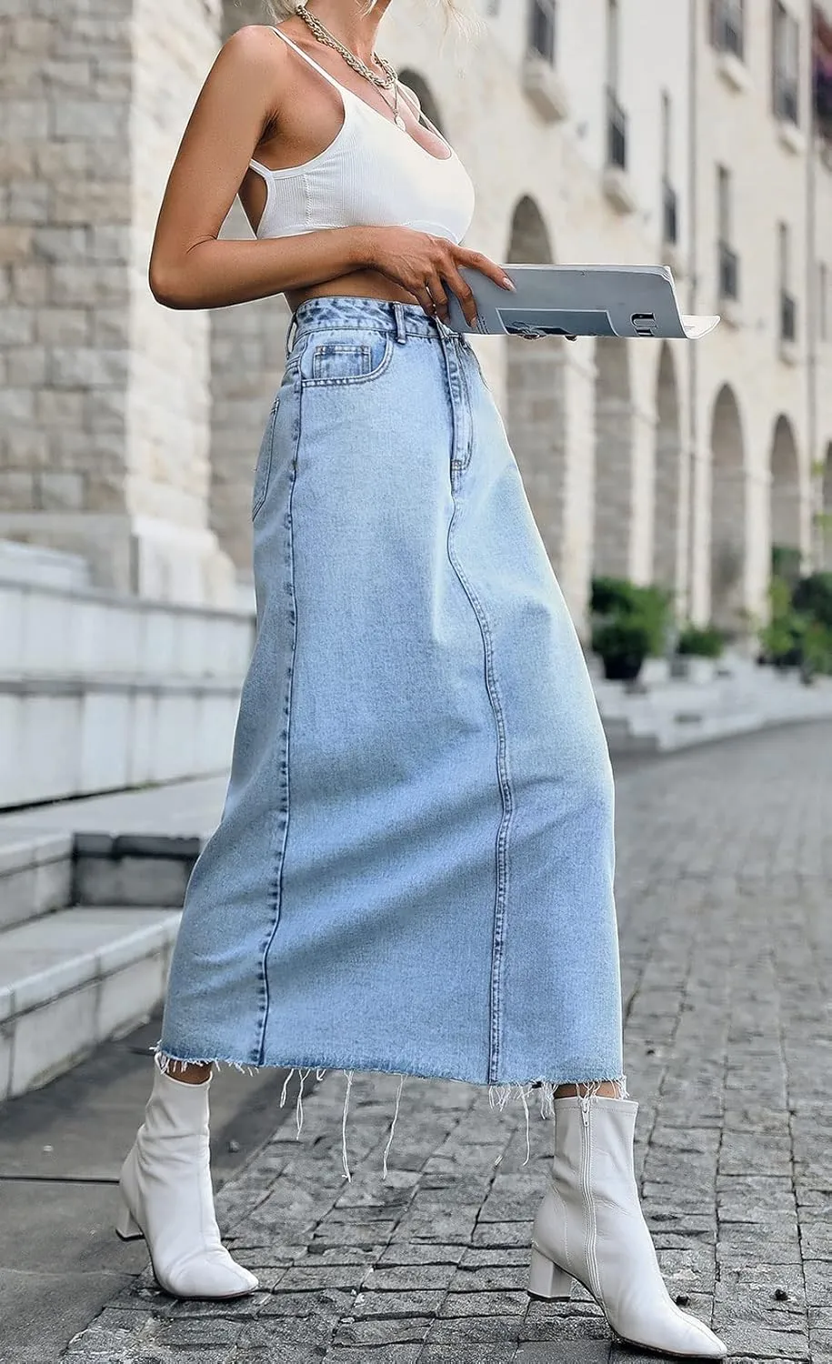 CHARTOU Women High Waisted Long Denim Pencil Skirt Jean Maxi Skirt A Line Skirt