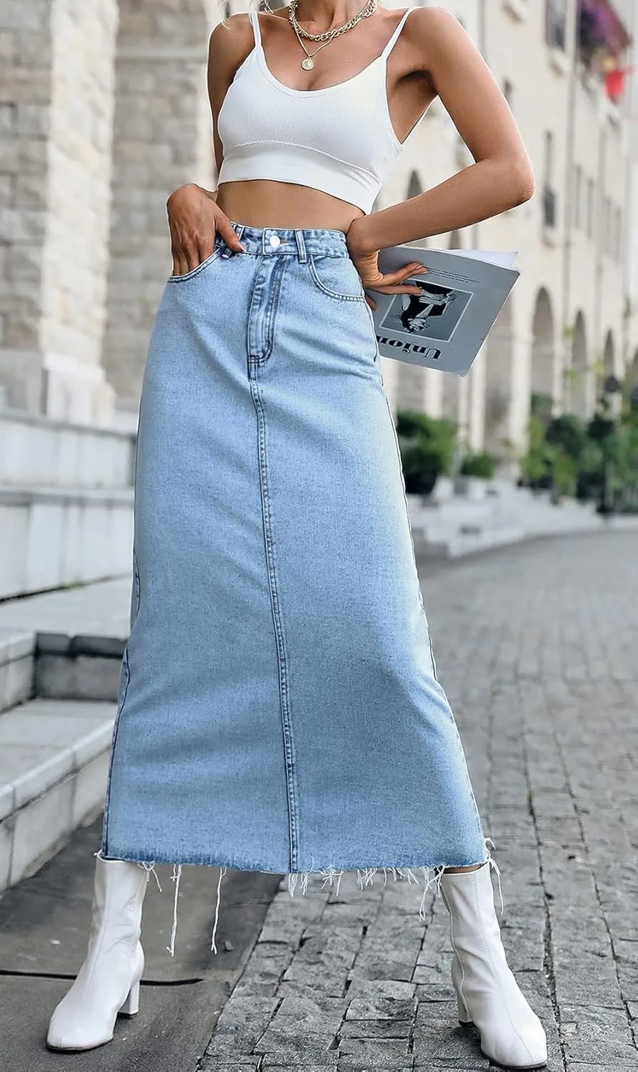 CHARTOU Women High Waisted Long Denim Pencil Skirt Jean Maxi Skirt A Line Skirt