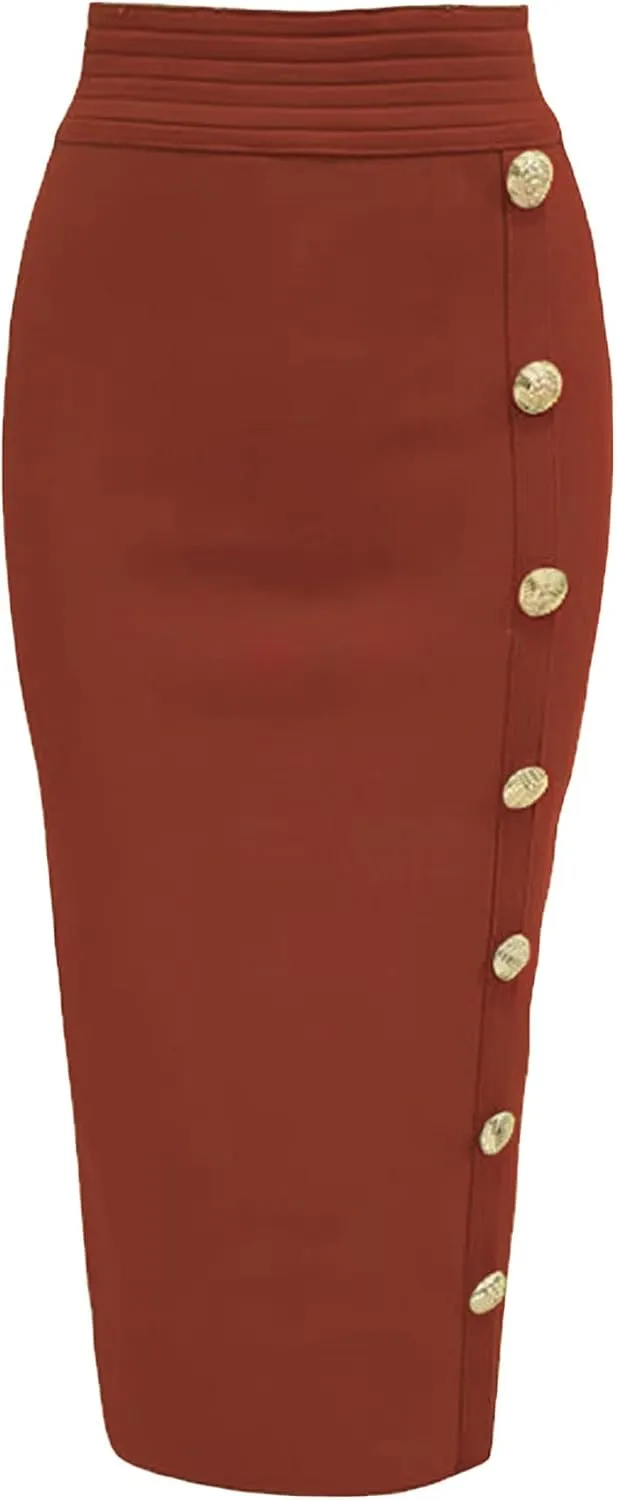 CHARTOU Women Long Bodycon Skirt Pencil Skirt High Waisted Button Zipper Midi Packaged Hip Skinny Skirt