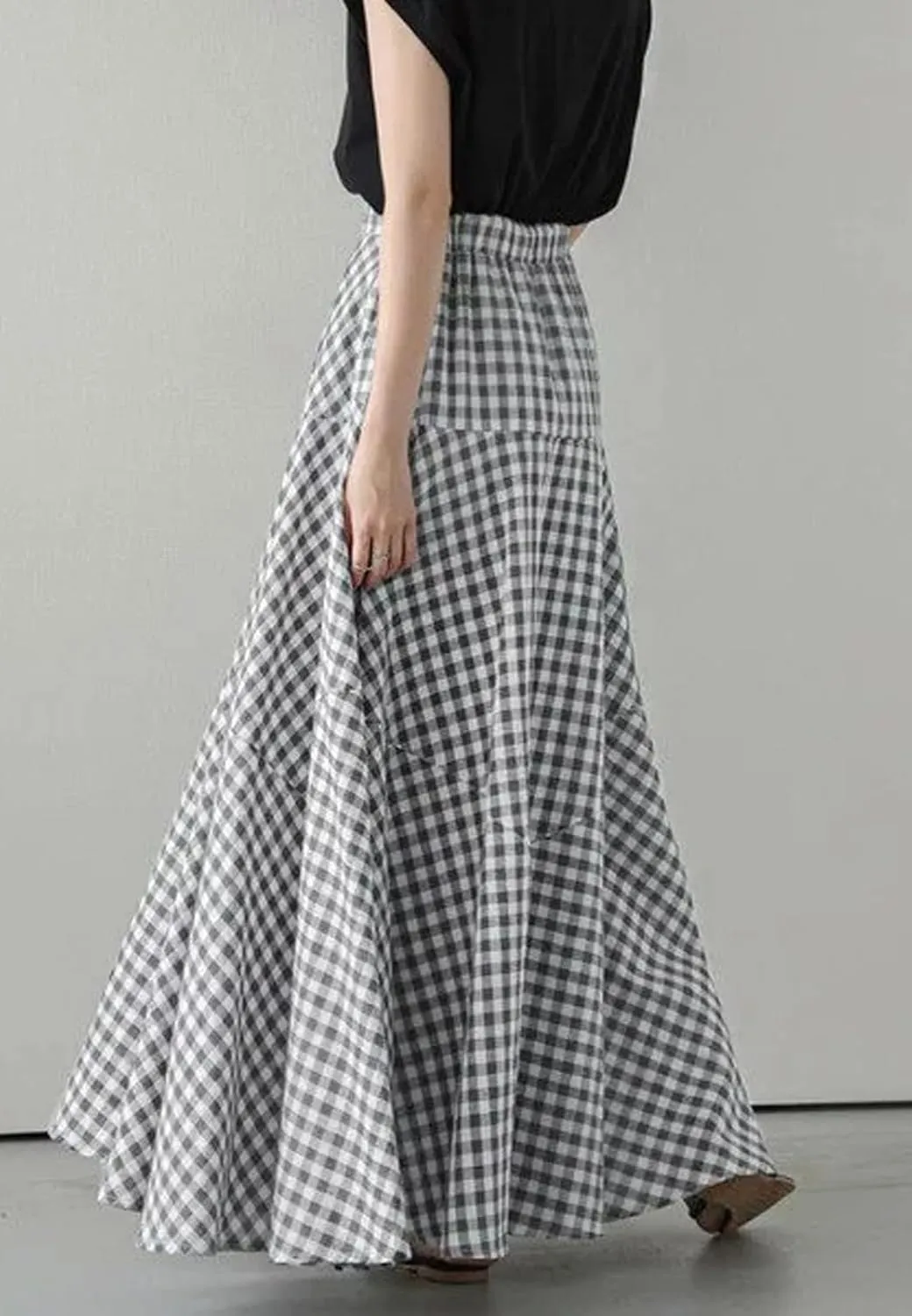 CHARTOU Women Plaid Maxi Skirt Pleated Long Skirt Summer A Line Skirt Flared Elastic High Waisted Flowy Skirt