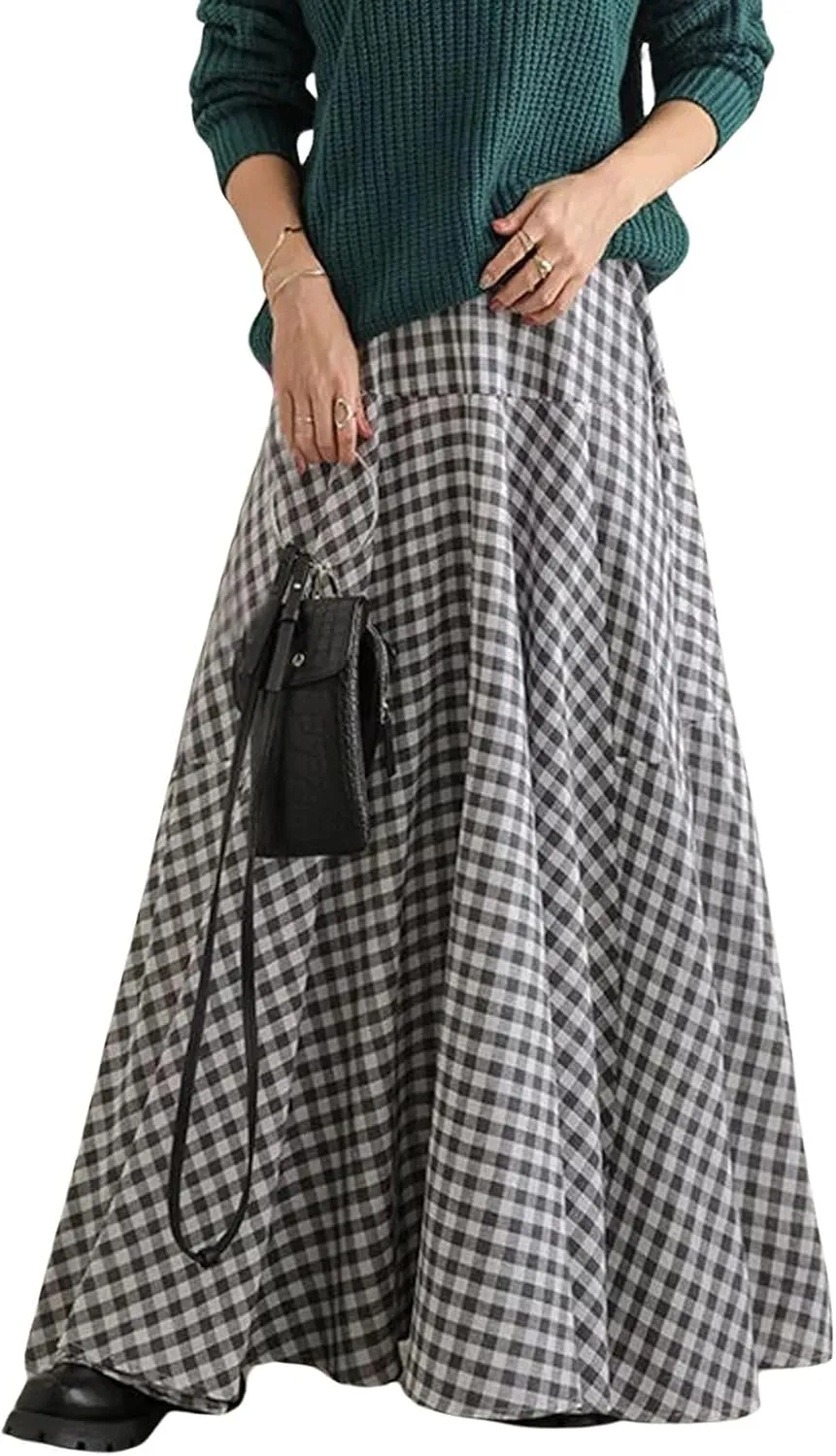 CHARTOU Women Plaid Maxi Skirt Pleated Long Skirt Summer A Line Skirt Flared Elastic High Waisted Flowy Skirt