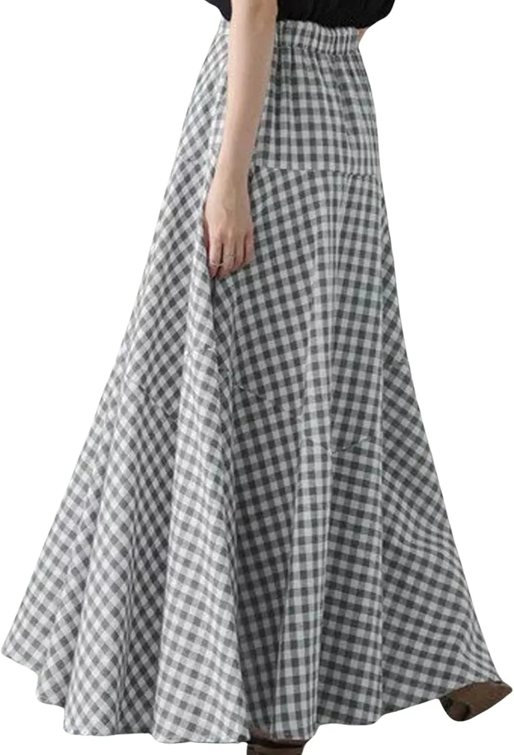 CHARTOU Women Plaid Maxi Skirt Pleated Long Skirt Summer A Line Skirt Flared Elastic High Waisted Flowy Skirt