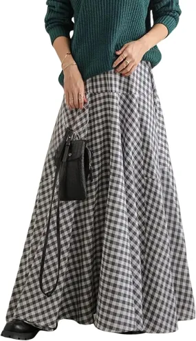 CHARTOU Women Plaid Maxi Skirt Pleated Long Skirt Summer A Line Skirt Flared Elastic High Waisted Flowy Skirt