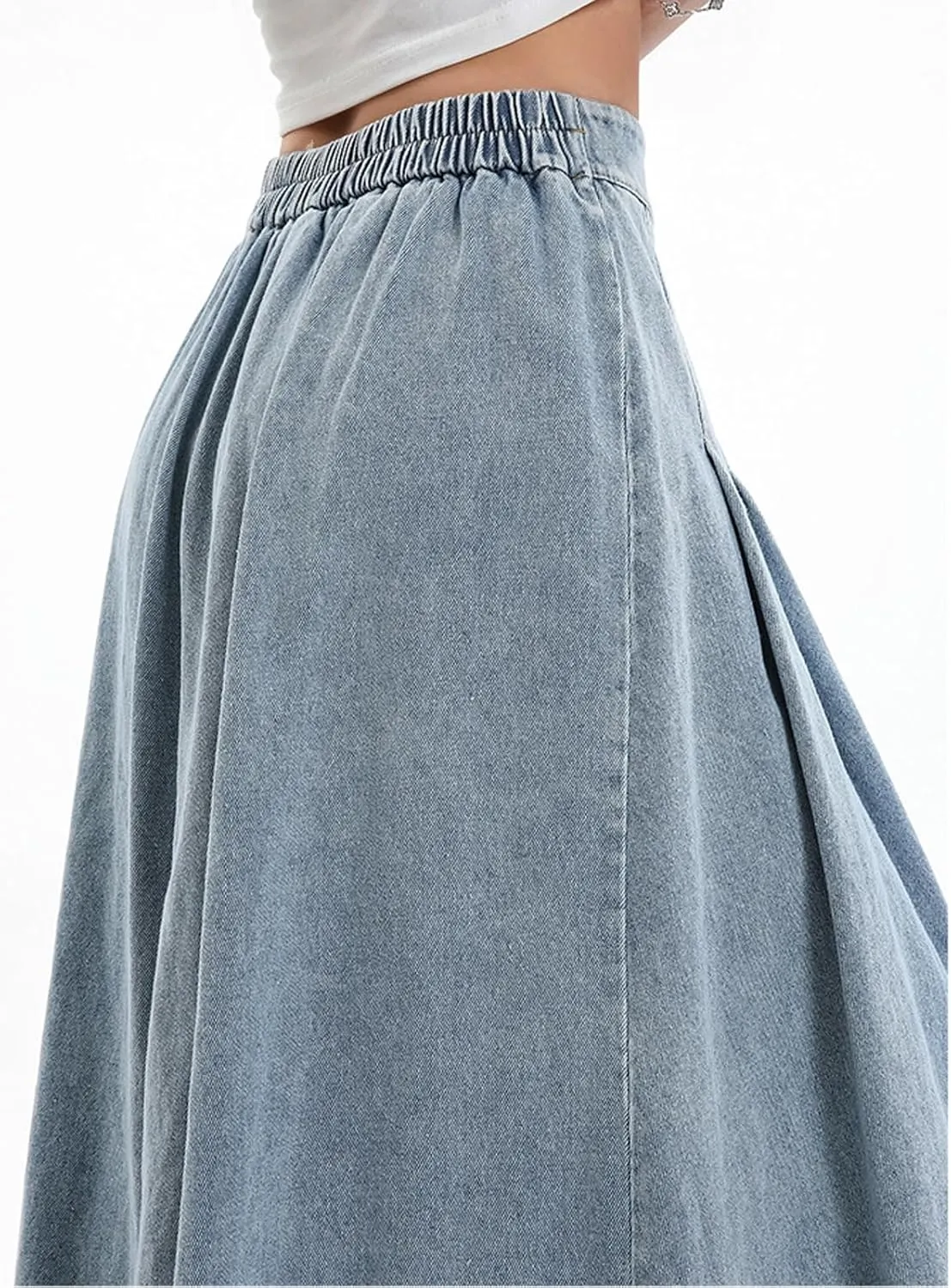 CHARTOU Women Pleated Denim Skirt Long Jean Skirt Flowy Elastic Waist Denim Maxi Ruffle Skirt Flare A Line Skirt