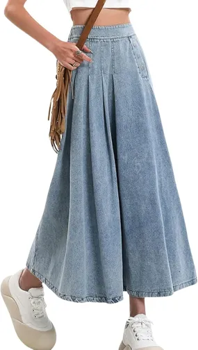 CHARTOU Women Pleated Denim Skirt Long Jean Skirt Flowy Elastic Waist Denim Maxi Ruffle Skirt Flare A Line Skirt