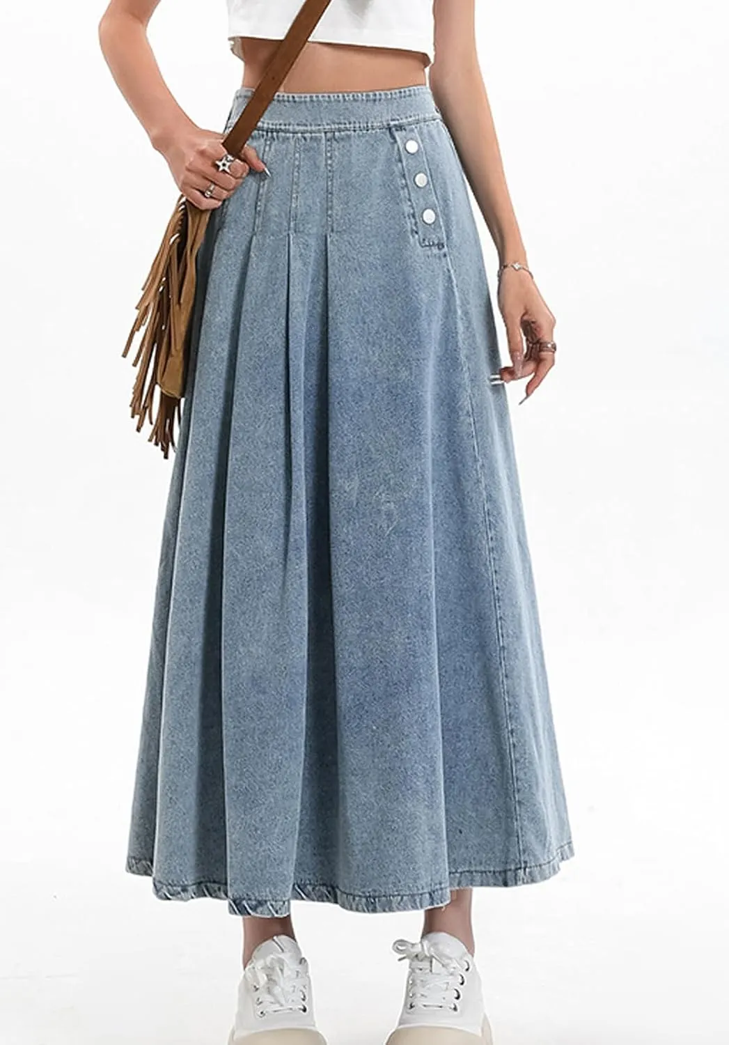 CHARTOU Women Pleated Denim Skirt Long Jean Skirt Flowy Elastic Waist Denim Maxi Ruffle Skirt Flare A Line Skirt