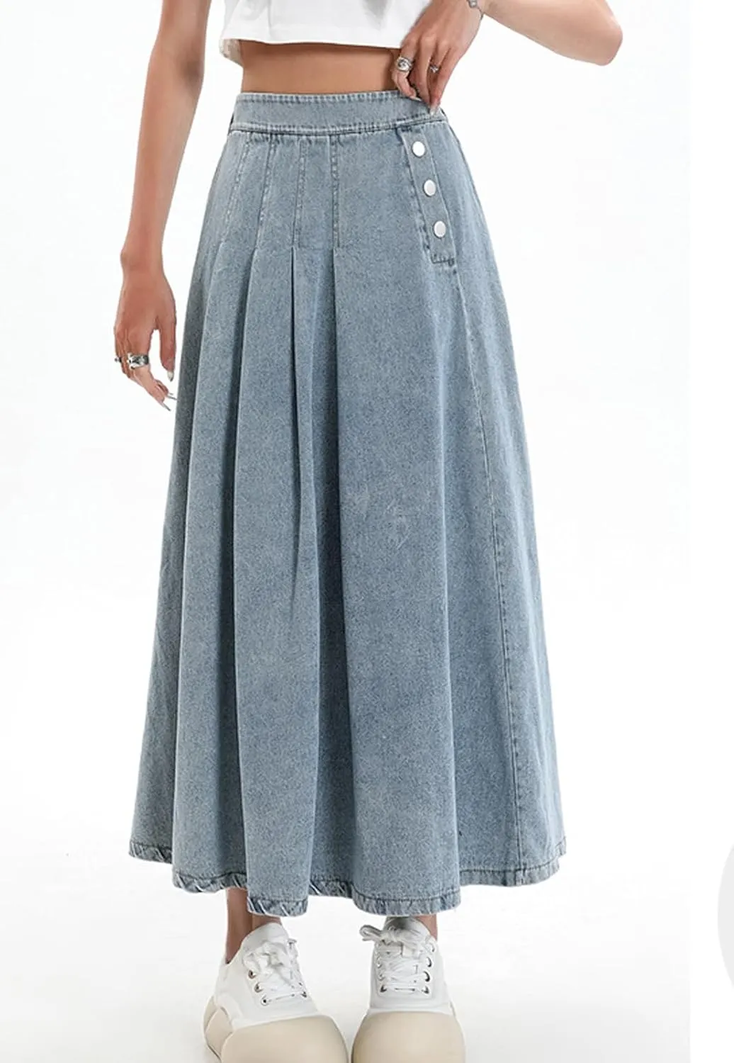 CHARTOU Women Pleated Denim Skirt Long Jean Skirt Flowy Elastic Waist Denim Maxi Ruffle Skirt Flare A Line Skirt