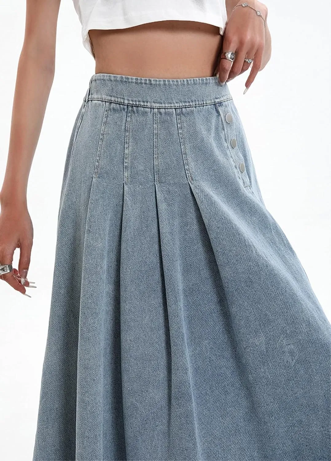 CHARTOU Women Pleated Denim Skirt Long Jean Skirt Flowy Elastic Waist Denim Maxi Ruffle Skirt Flare A Line Skirt