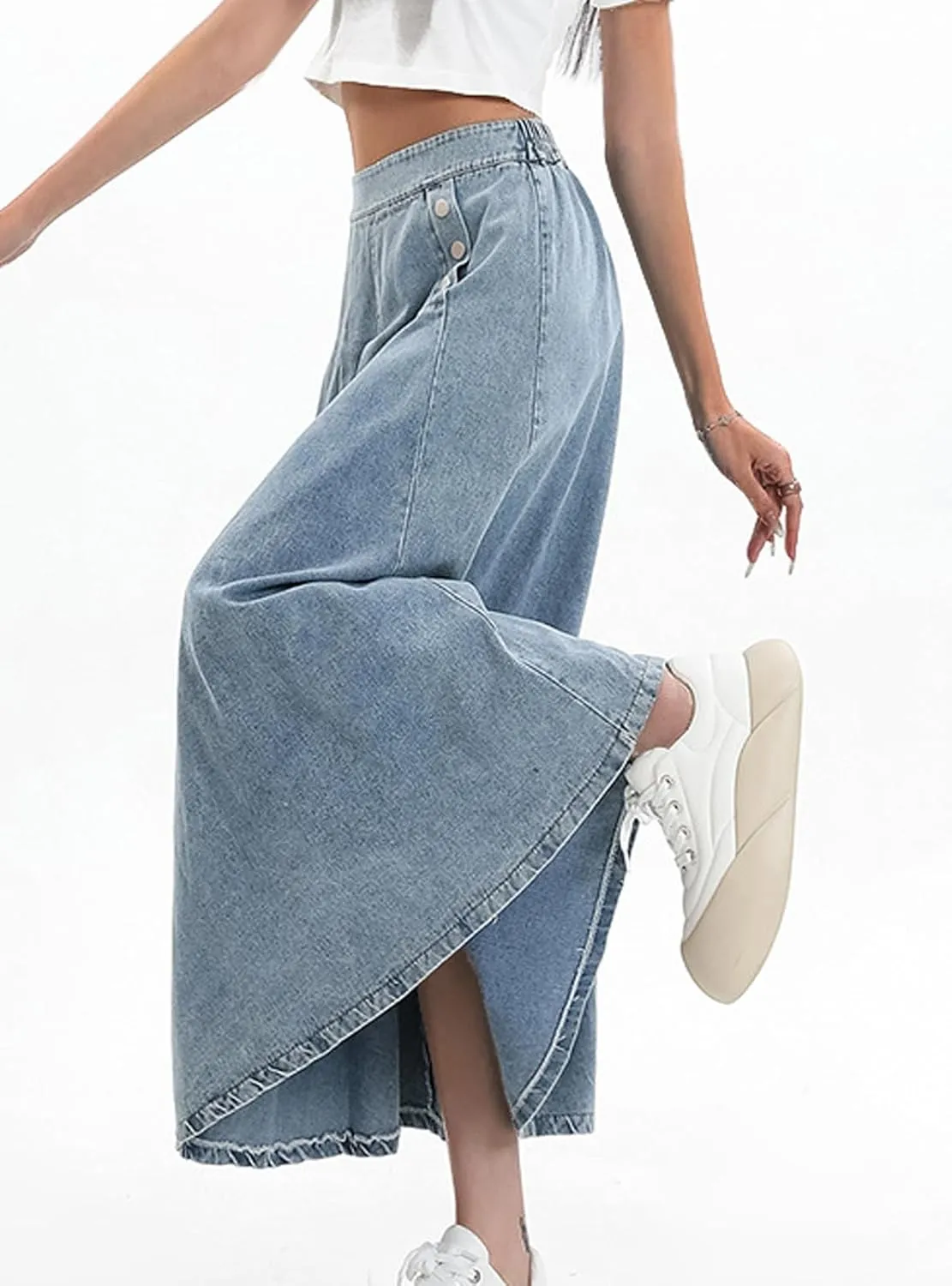 CHARTOU Women Pleated Denim Skirt Long Jean Skirt Flowy Elastic Waist Denim Maxi Ruffle Skirt Flare A Line Skirt