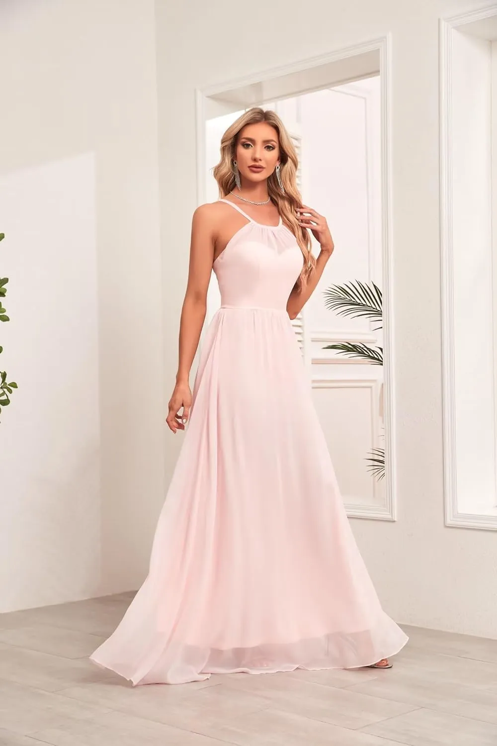 Chiffon Halter Bridesmaid Dresses for Wedding Spaghetti Straps A Line Long Formal Evening Prom Party Gown BD24