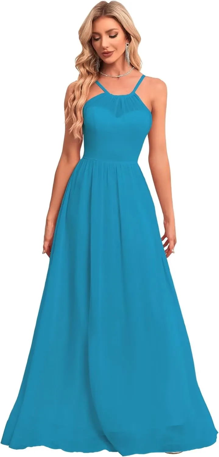 Chiffon Halter Bridesmaid Dresses for Wedding Spaghetti Straps A Line Long Formal Evening Prom Party Gown BD24