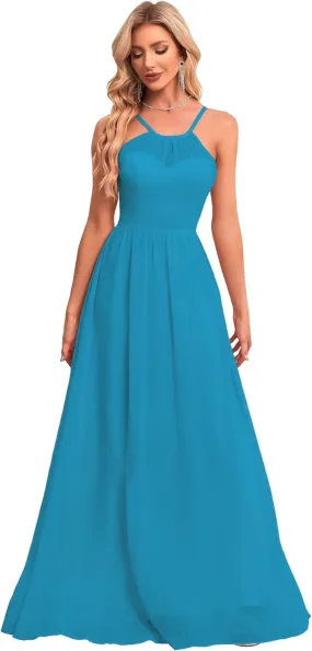 Chiffon Halter Bridesmaid Dresses for Wedding Spaghetti Straps A Line Long Formal Evening Prom Party Gown BD24