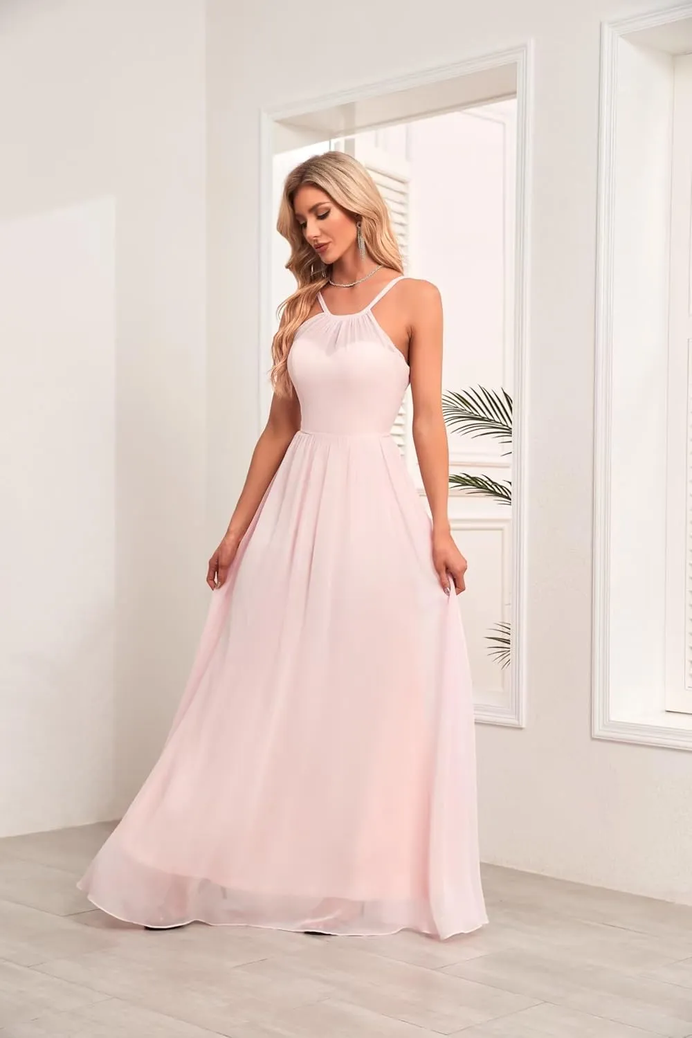 Chiffon Halter Bridesmaid Dresses for Wedding Spaghetti Straps A Line Long Formal Evening Prom Party Gown BD24