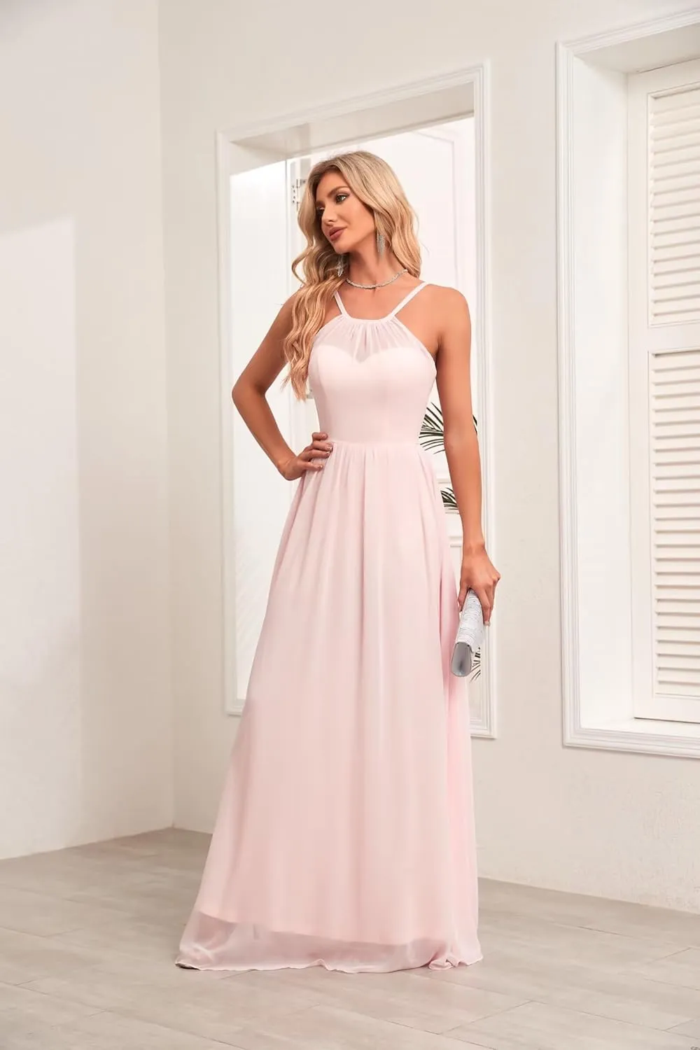 Chiffon Halter Bridesmaid Dresses for Wedding Spaghetti Straps A Line Long Formal Evening Prom Party Gown BD24