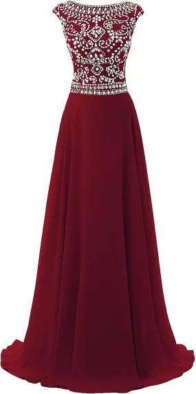 Chiffon Prom Dresses Long for Women A-Line Beaded Belt Formal Evening Party Ball Gowns with
