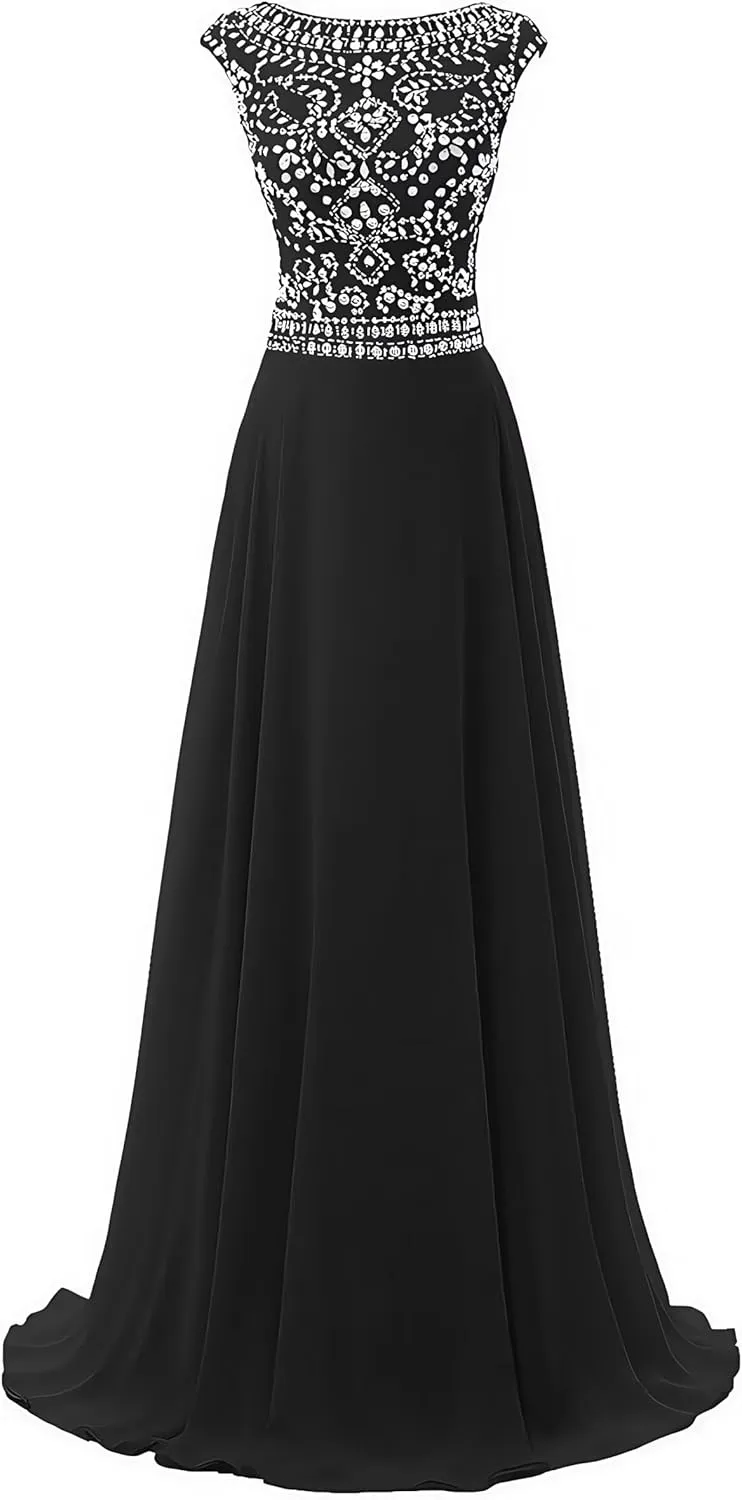 Chiffon Prom Dresses Long for Women A-Line Beaded Belt Formal Evening Party Ball Gowns with