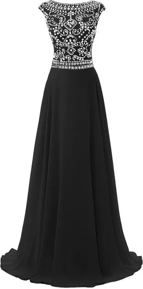 Chiffon Prom Dresses Long for Women A-Line Beaded Belt Formal Evening Party Ball Gowns with