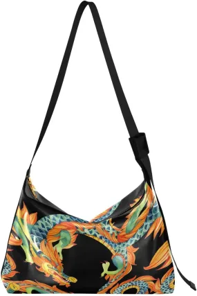 Chinese Dragon Pattern Hobo Crossbody Bags for Women Leather Large Shoulder Bag Cross Body Art Trendy Womens Tote Bags Handbag for Travel Shopping