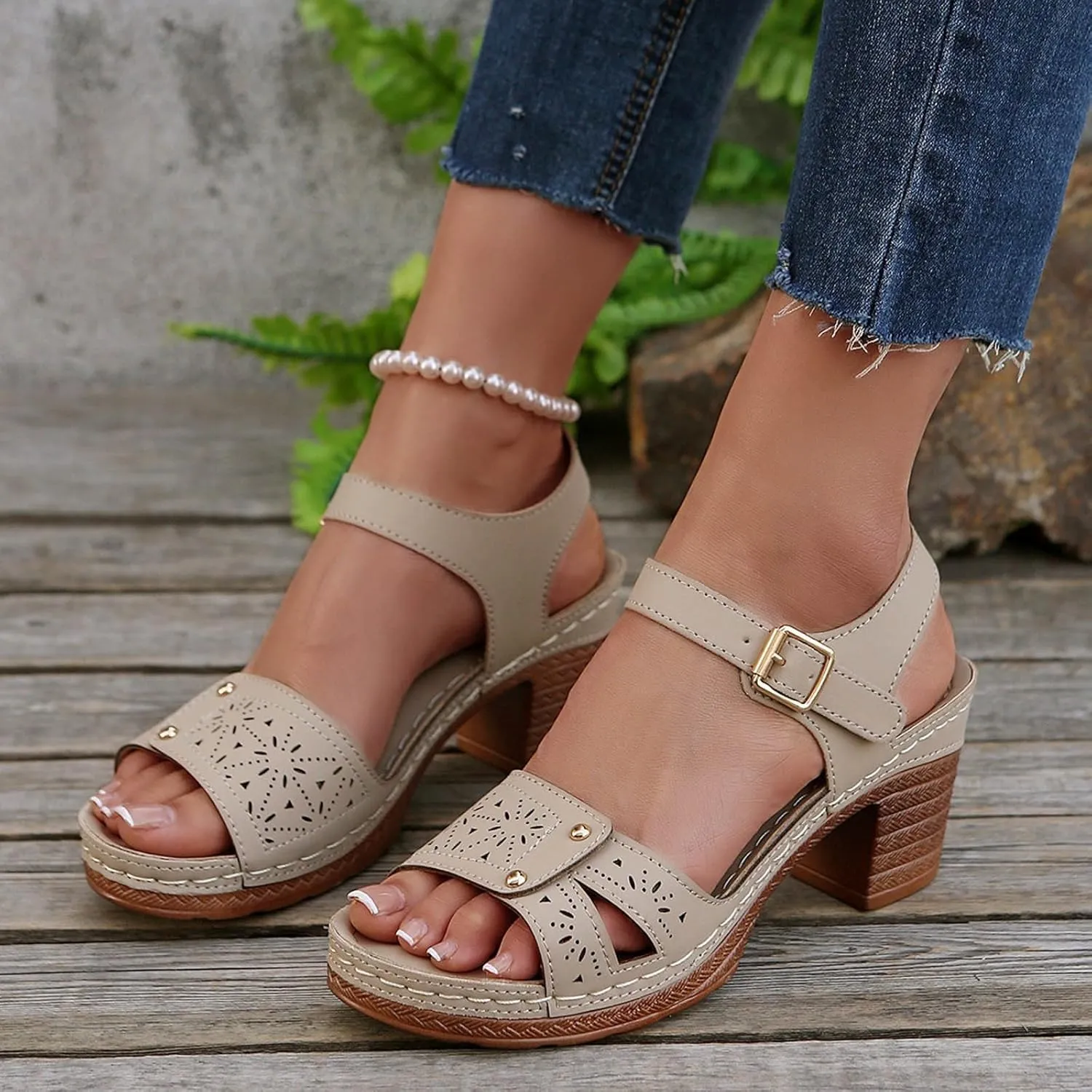 Chunky Heel Sandals for Women Comfortable Dressy Arch Support Sandal Adjustable Ankle Strap Open Toe Low Heel Wedge Sandals Platform Summer Casual Hollow Out Breathable Orthopedic Wedge Sandal Shoes