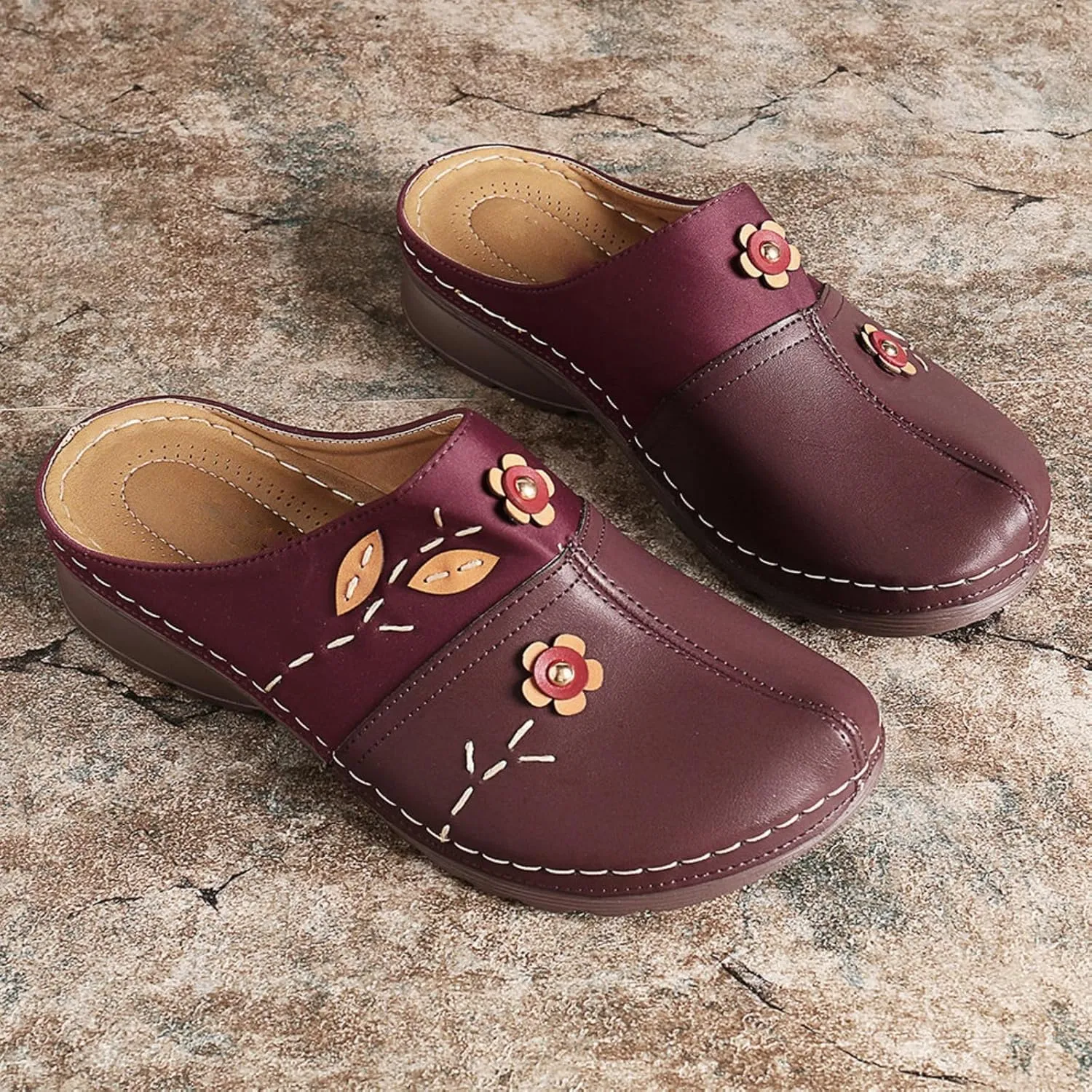 Clogs for Women Slip On Mules Wedge Orthopedic Sandals for Women with Arch Support Close Toe Slip On Soft Soles Flowers Wedge Sandal Comfortable Walking Sandals for Womens Lightweight Trendy Slippers
