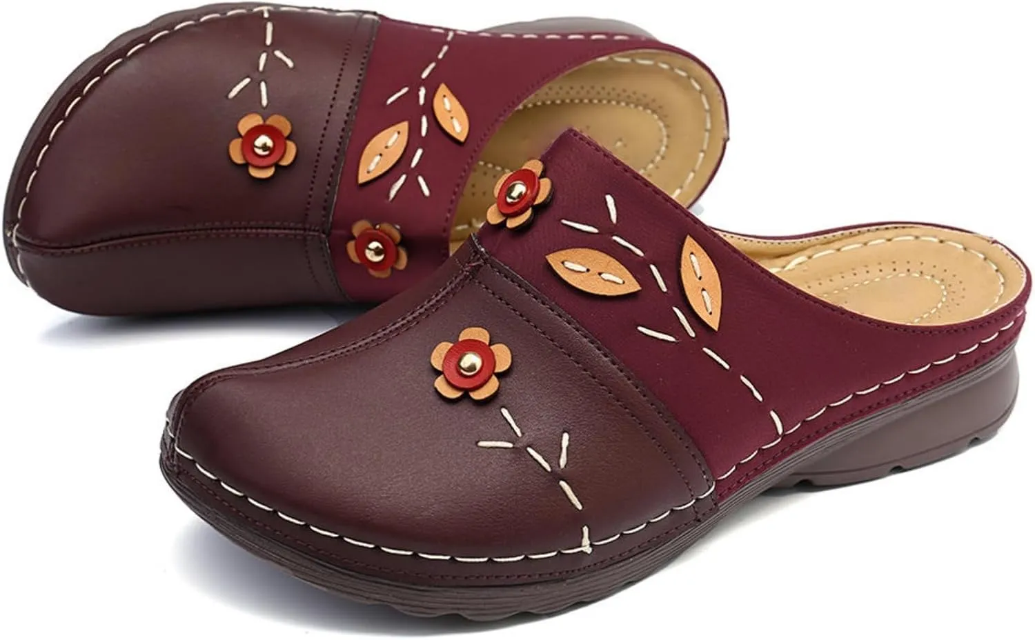 Clogs for Women Slip On Mules Wedge Orthopedic Sandals for Women with Arch Support Close Toe Slip On Soft Soles Flowers Wedge Sandal Comfortable Walking Sandals for Womens Lightweight Trendy Slippers
