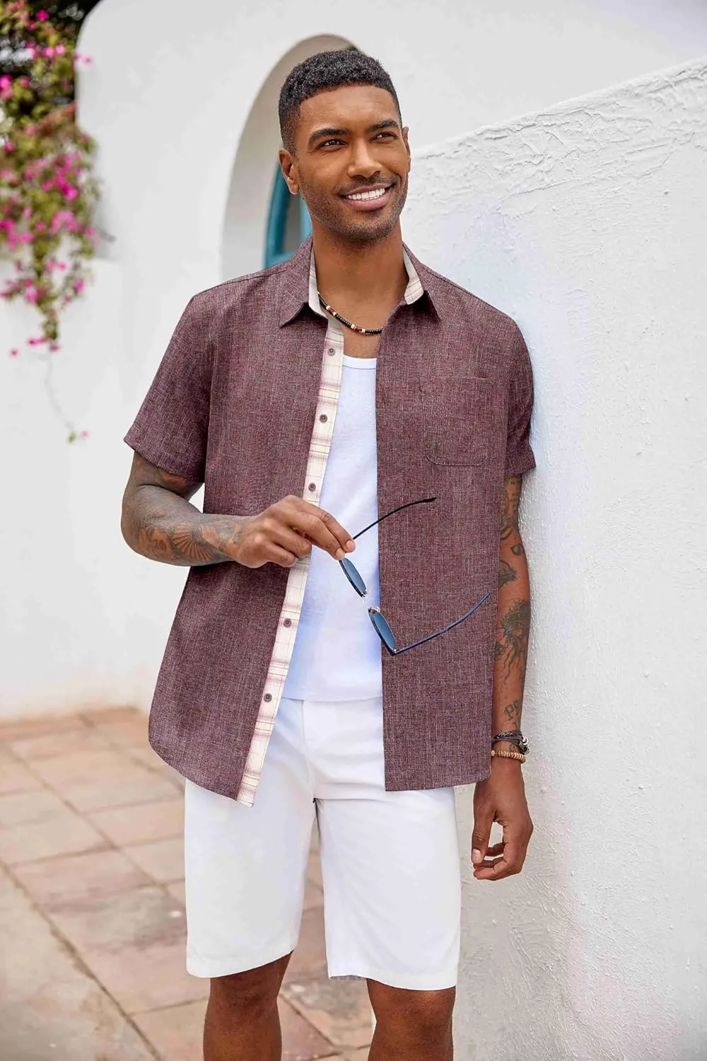 COOFANDY Men's Button Down Shirts Short Sleeve Casual Shirts Summer Beach Shirts Vacation Wedding Shirts with Pocket