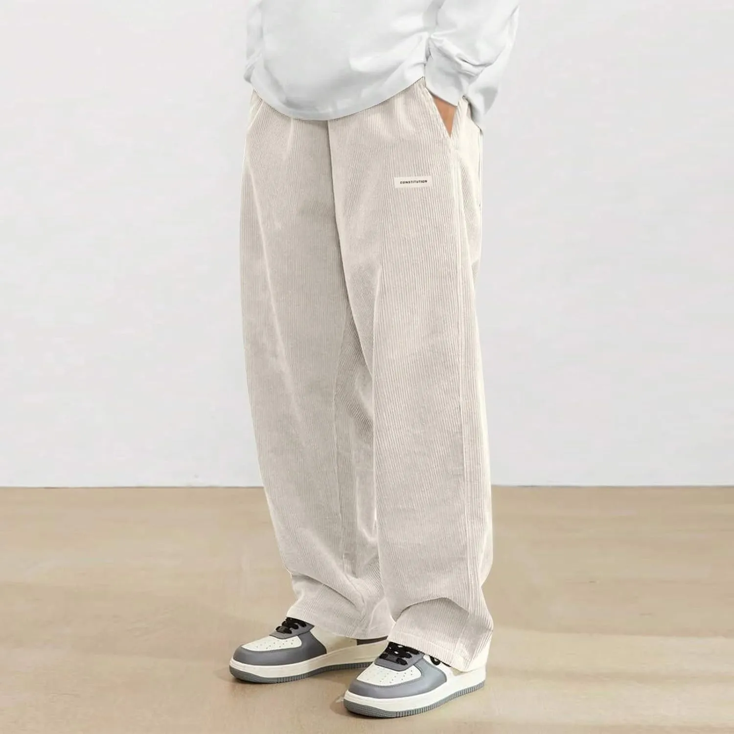 Corduroy Pants for Men Lounge Trendy Trousers Drawstring Slacks Wide Leg Fashion Streetwear