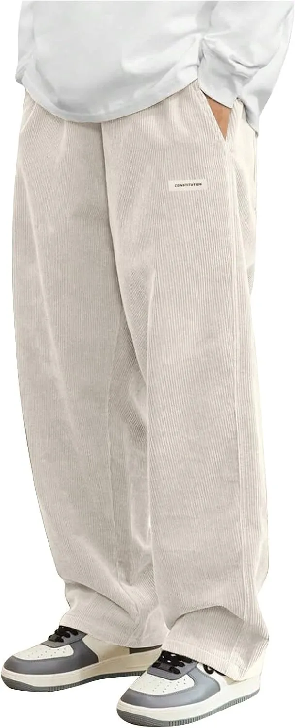 Corduroy Pants for Men Lounge Trendy Trousers Drawstring Slacks Wide Leg Fashion Streetwear