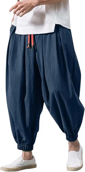 Cotton Linen Harem Pants Men Men's Cotton Linen Harem Pants Drawstring Casual Cropped Trousers Lightweight Loose Beach Yoga Pants with Pockets Navy Mens Hiking Pants