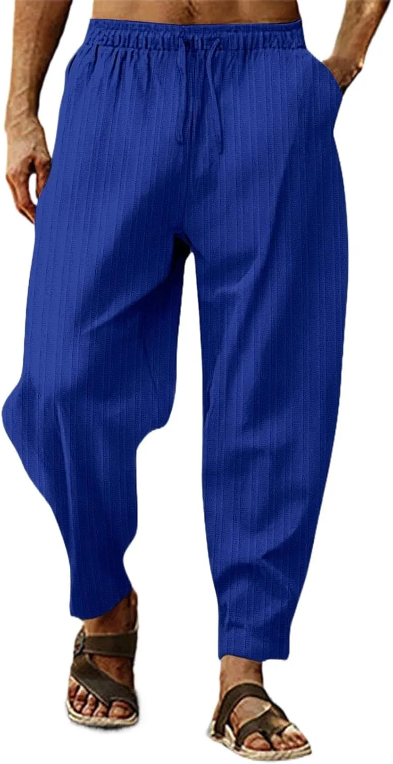 Cotton Linen Pants for Men 2025 Solid Color Casual Harem Trousers Lightweight Loose Beach Yoga Capri Pant with Pocket