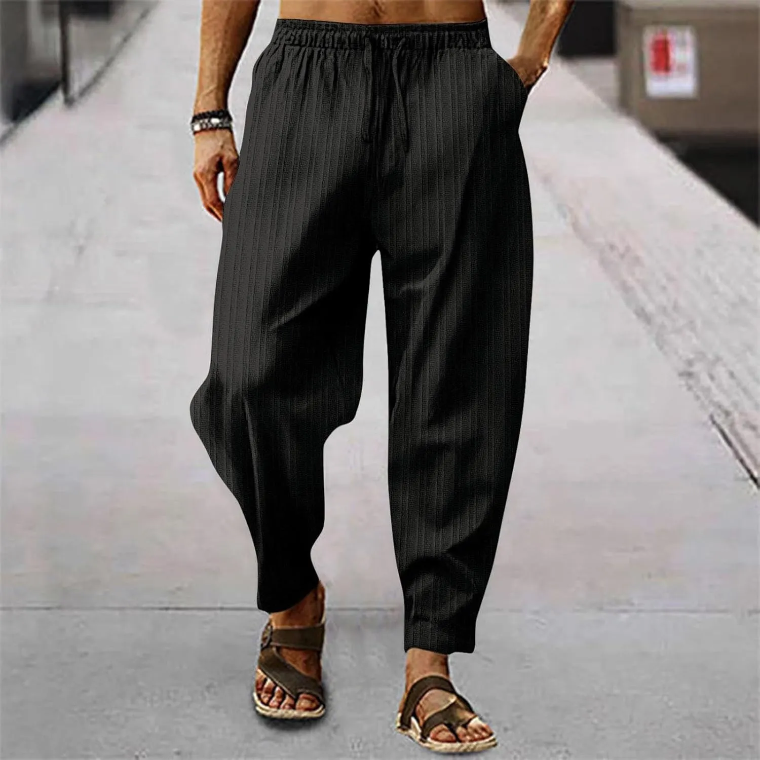 Cotton Linen Pants for Men 2025 Solid Color Casual Harem Trousers Lightweight Loose Beach Yoga Capri Pant with Pocket