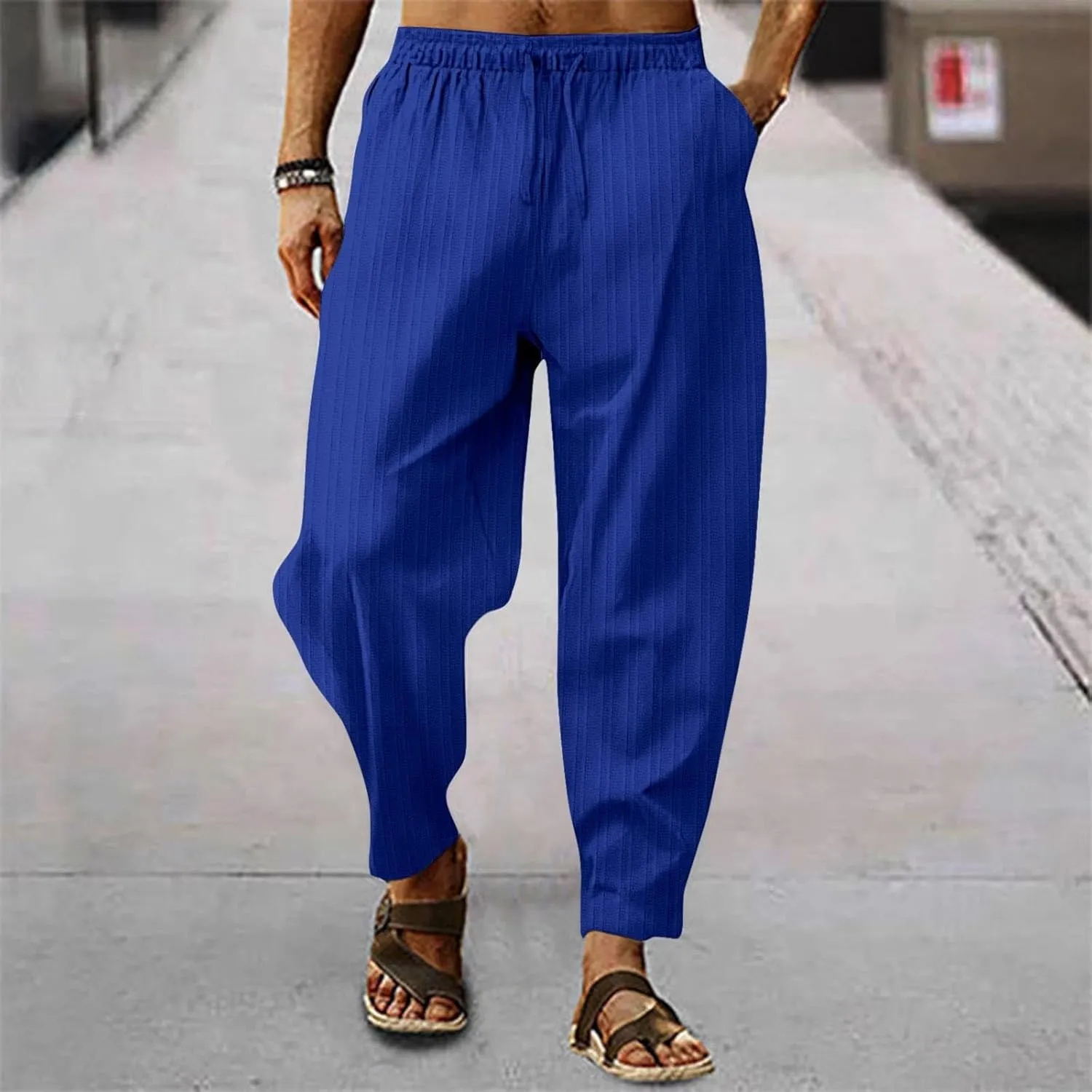 Cotton Linen Pants for Men 2025 Solid Color Casual Harem Trousers Lightweight Loose Beach Yoga Capri Pant with Pocket