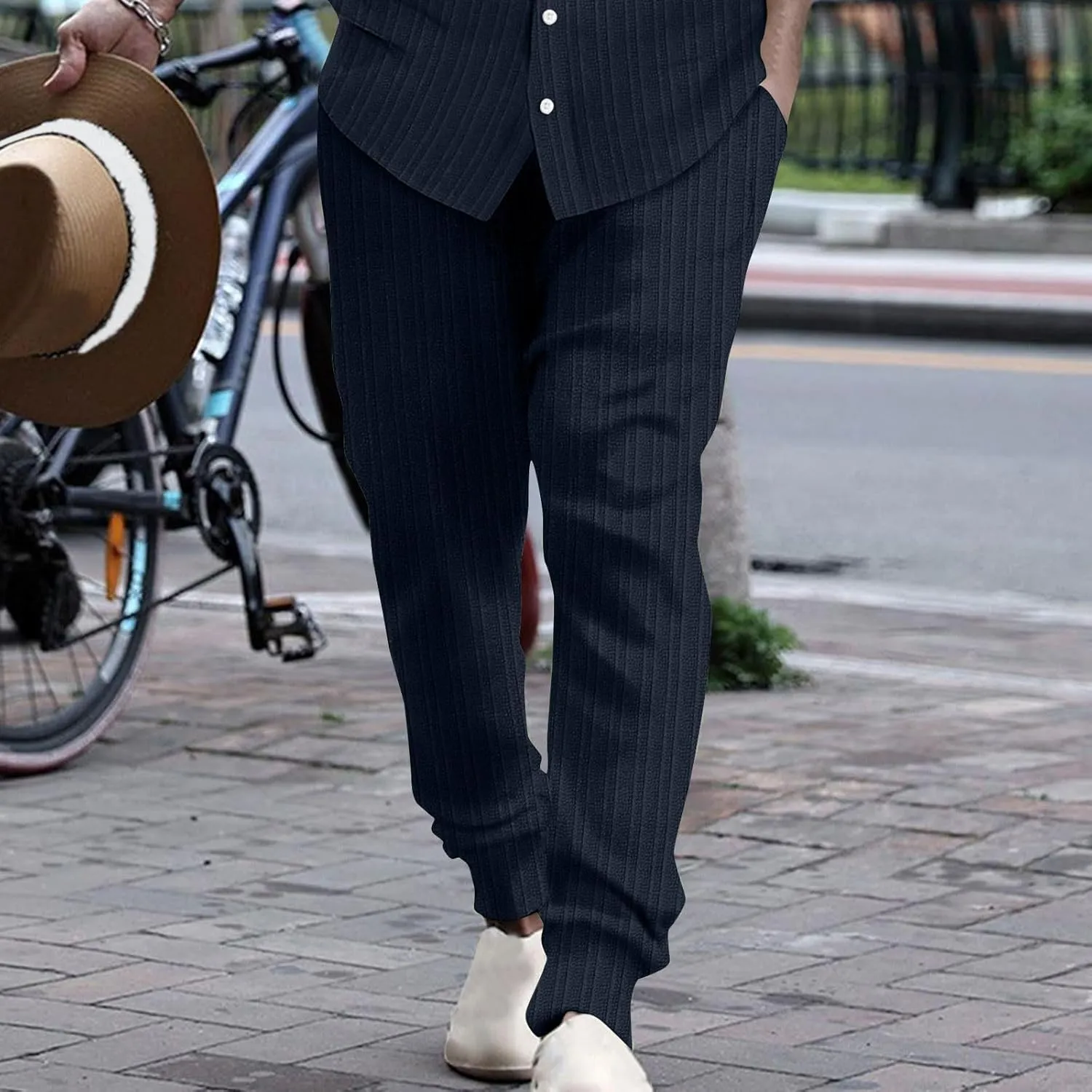 Cotton Stripe Linen Pants Men Dressy Casual Trousers Slim Fit Lounge Pants Trendy Tapered Pants Breathable Pants