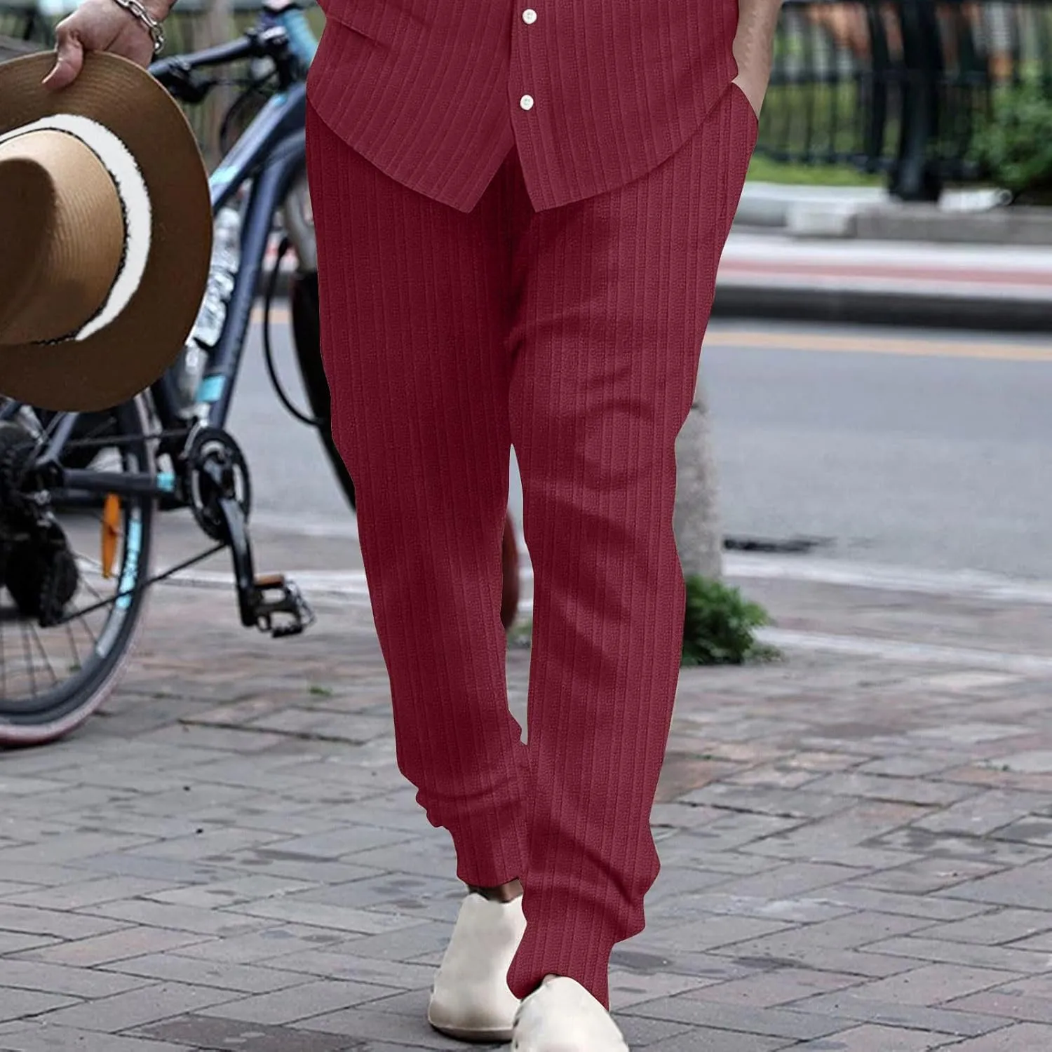 Cotton Stripe Linen Pants Men Dressy Casual Trousers Slim Fit Lounge Pants Trendy Tapered Pants Breathable Pants