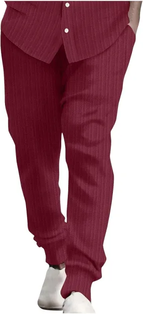 Cotton Stripe Linen Pants Men Dressy Casual Trousers Slim Fit Lounge Pants Trendy Tapered Pants Breathable Pants