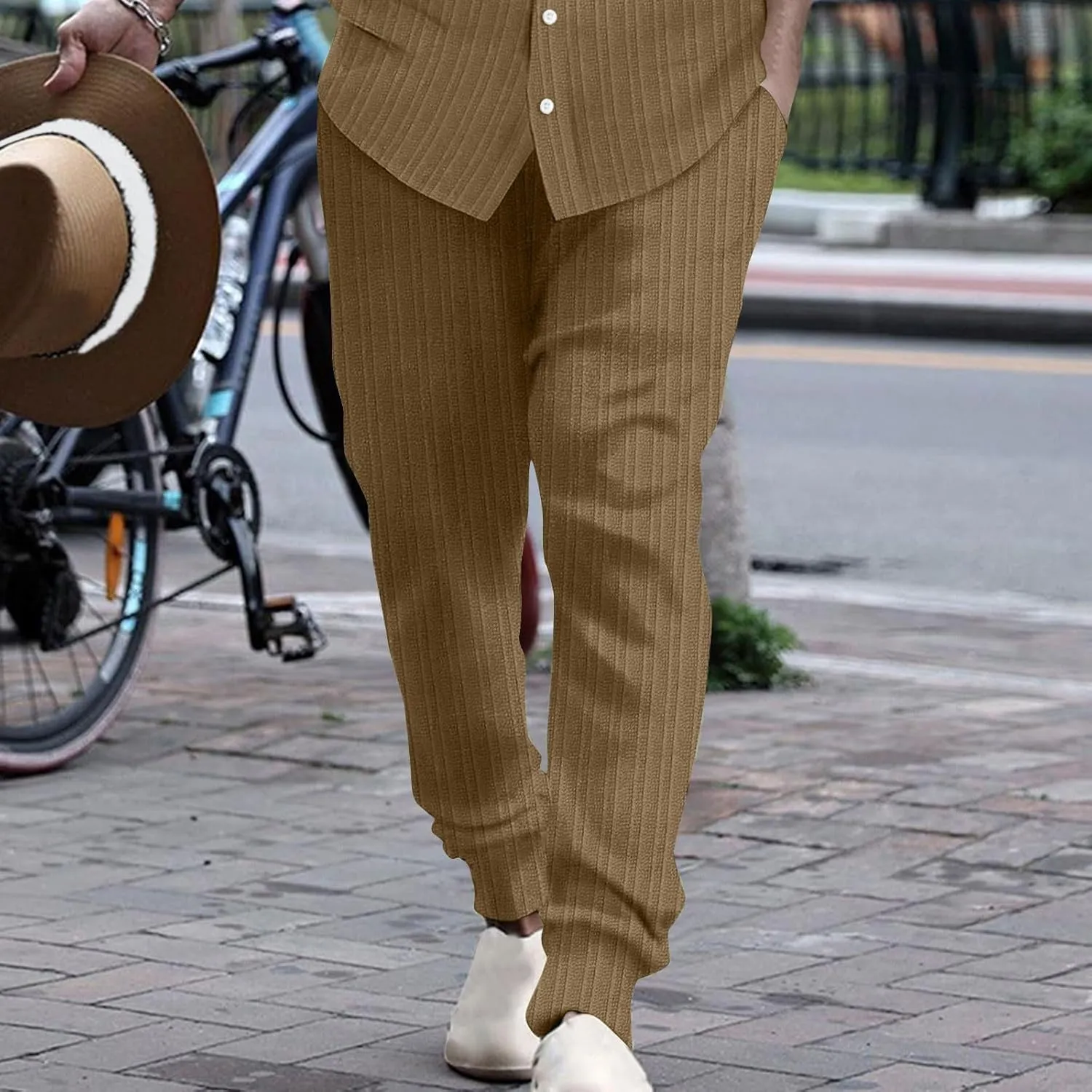 Cotton Stripe Linen Pants Men Dressy Casual Trousers Slim Fit Lounge Pants Trendy Tapered Pants Breathable Pants