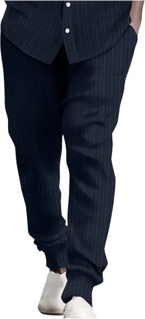 Cotton Stripe Linen Pants Men Dressy Casual Trousers Slim Fit Lounge Pants Trendy Tapered Pants Breathable Pants