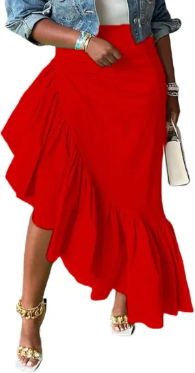 CXINS Womens Ruffle Asymmetric Skirt High Waisted Side Zipper Ruched Maxi Bodycon Party Skirts