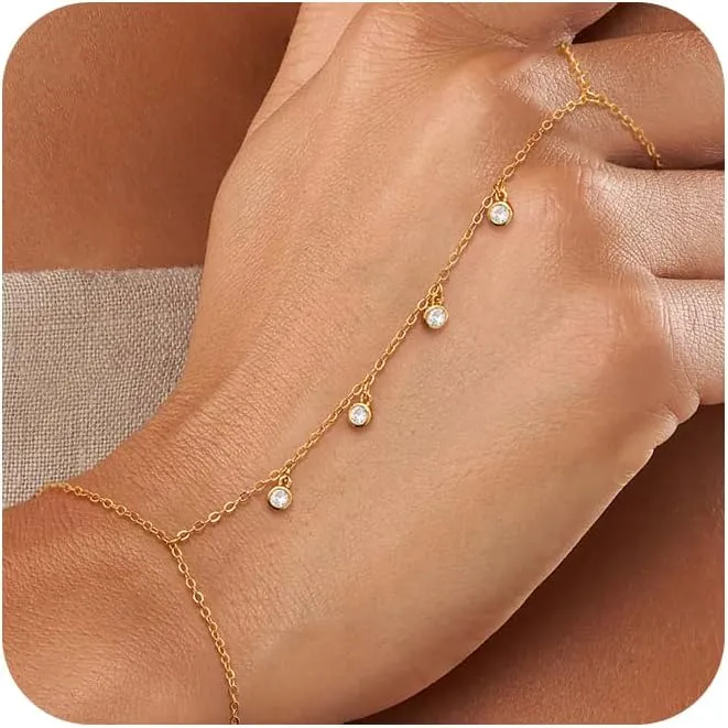 Dainty Hand Chain: 14K Gold Plated Simple Ring Bracelet for Women - Small Wrist, Cute Finger Bracelet - Waterproof Hand Jewelry - Trendy Gold Chain Ring - Everyday Jewelry