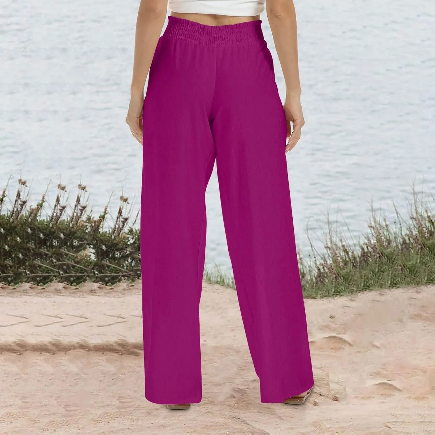 DDAPJ pyju Cotton Linen Summer Pants for Women 2025 Casual Smocked High Waisted Palazzo Pants Wide Leg Trousers with Pockets