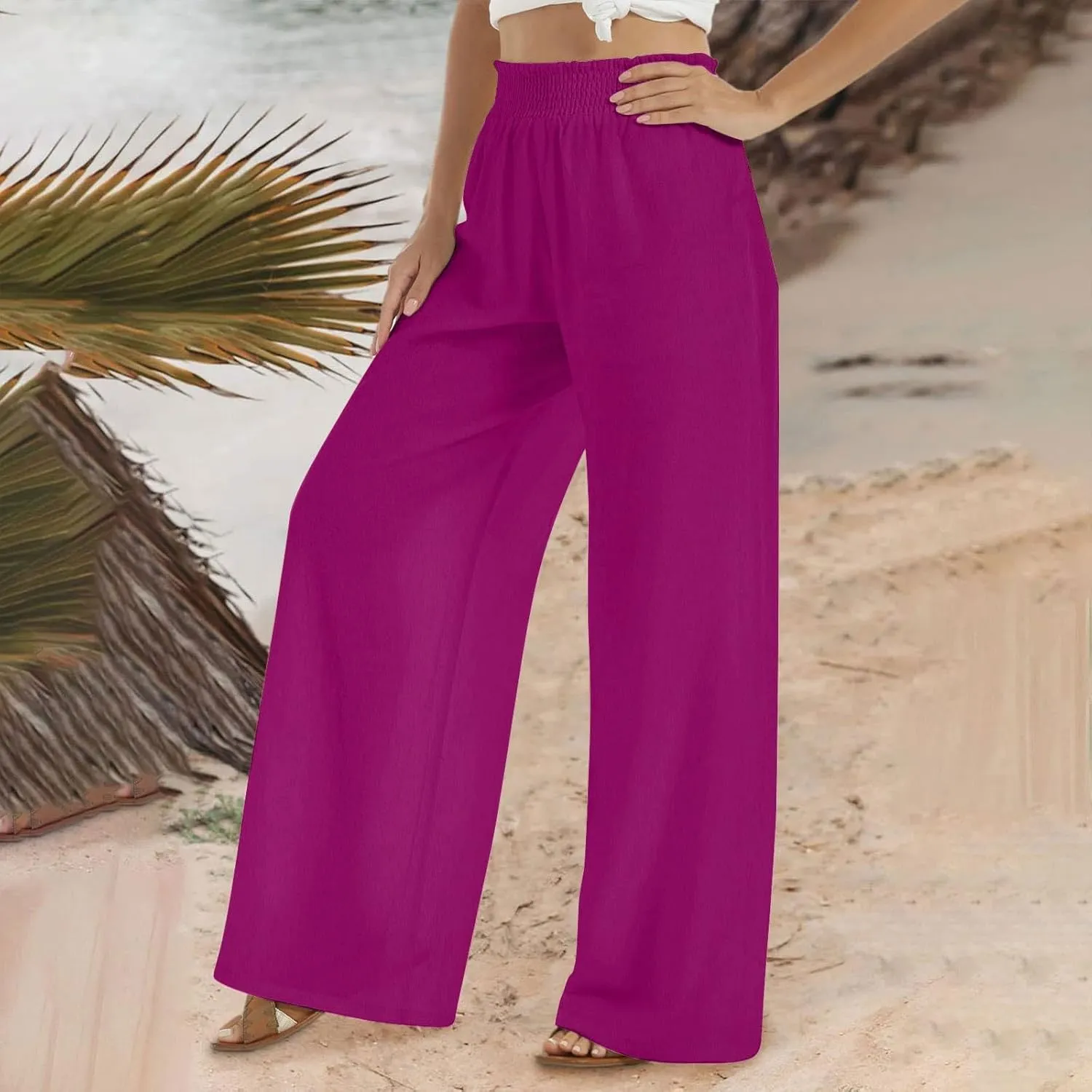 DDAPJ pyju Cotton Linen Summer Pants for Women 2025 Casual Smocked High Waisted Palazzo Pants Wide Leg Trousers with Pockets