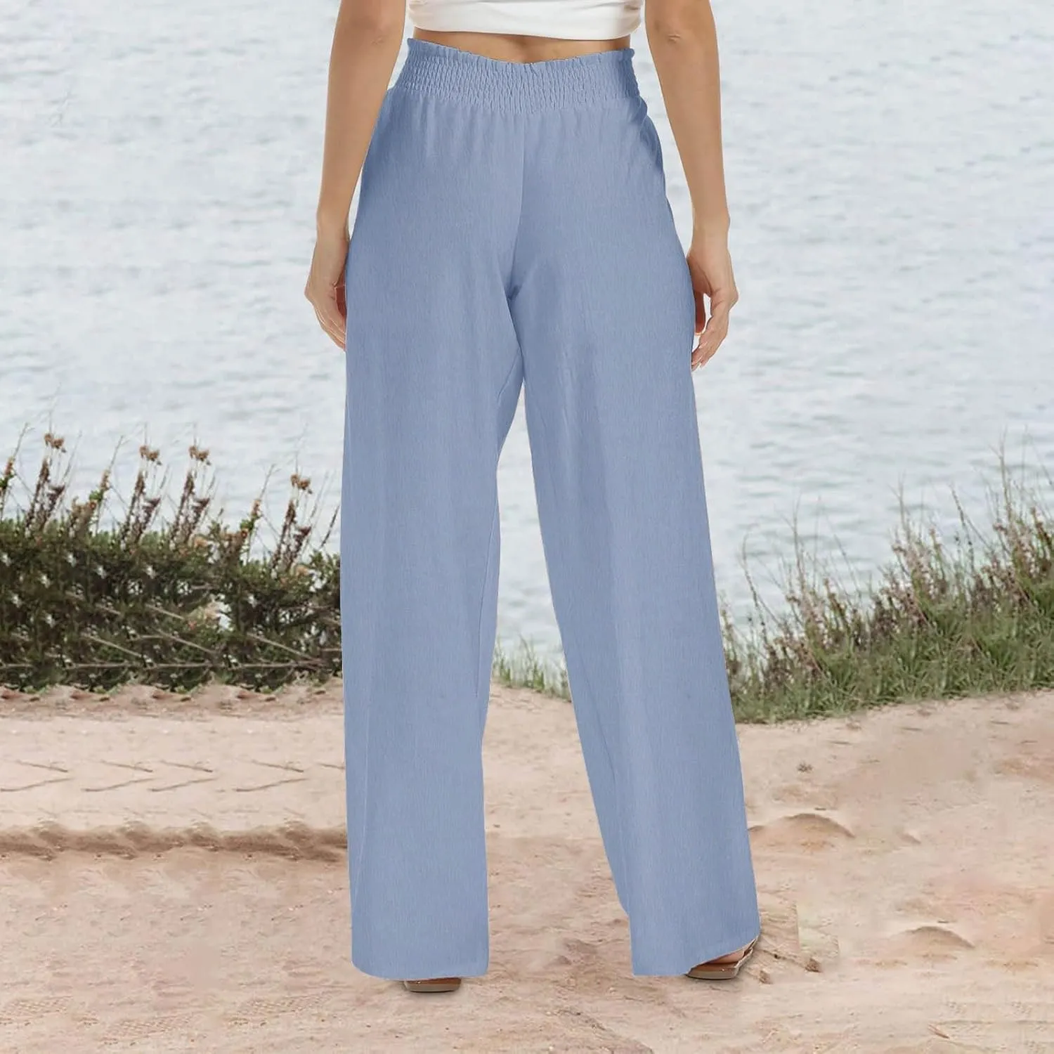 DDAPJ pyju Cotton Linen Summer Pants for Women 2025 Casual Smocked High Waisted Palazzo Pants Wide Leg Trousers with Pockets