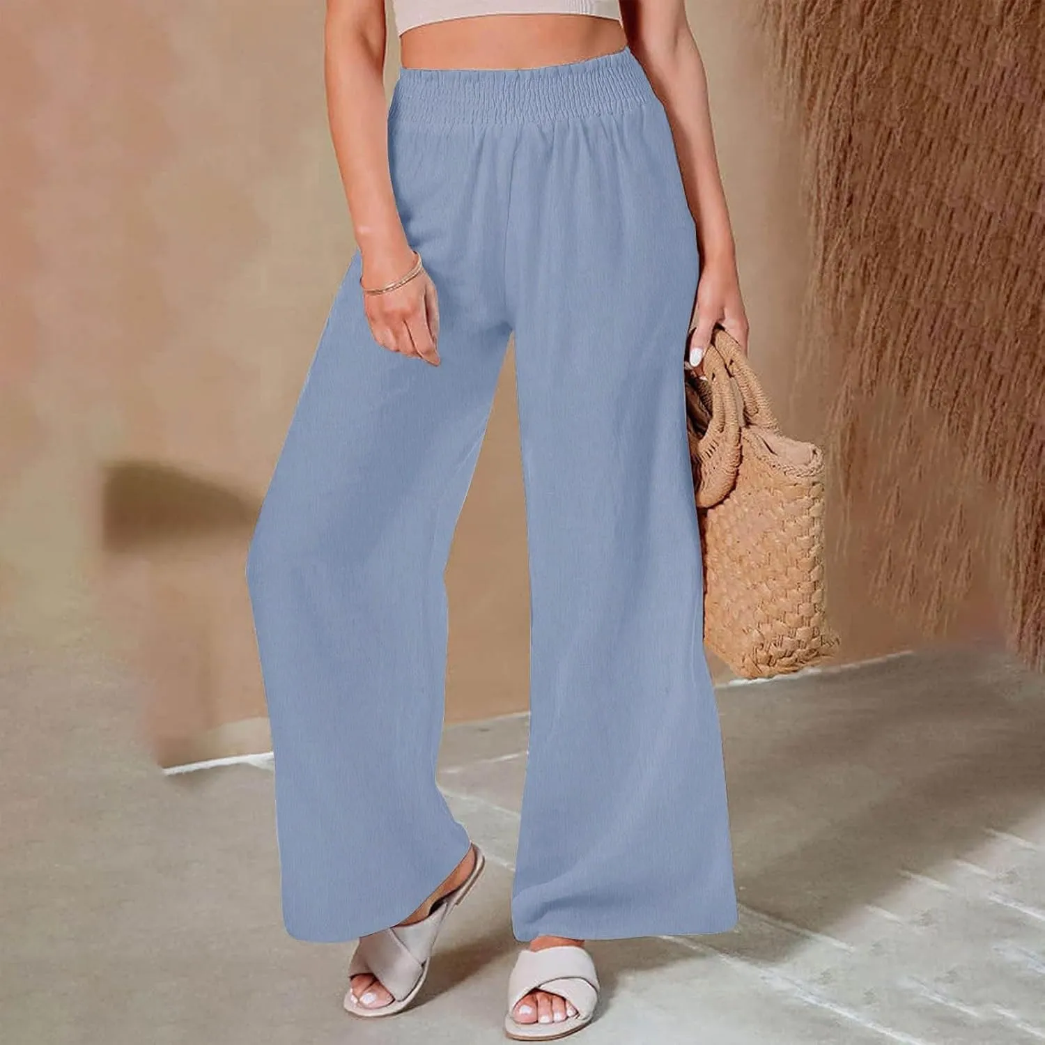 DDAPJ pyju Cotton Linen Summer Pants for Women 2025 Casual Smocked High Waisted Palazzo Pants Wide Leg Trousers with Pockets